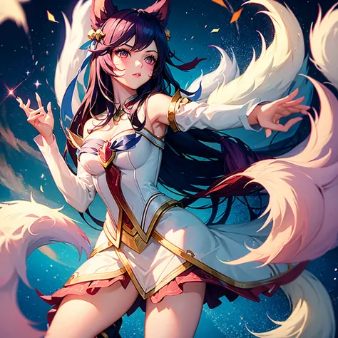 ahri, 9 massive white tails, detailed fluffy tails