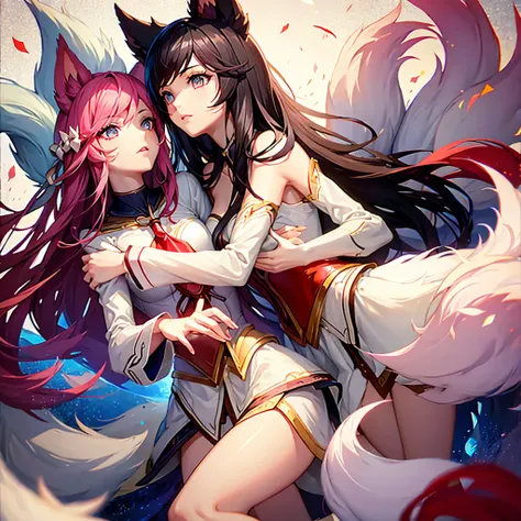 ahri, 9 massive white tails, detailed fluffy tails