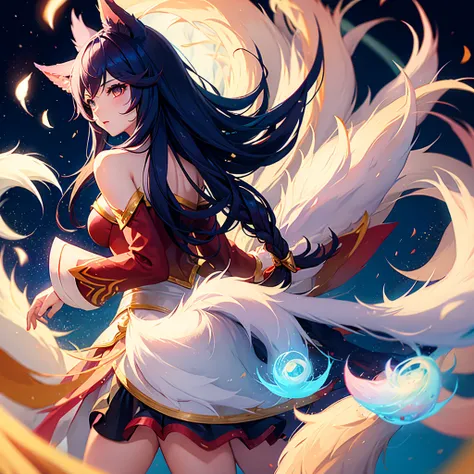 ahri, 9 massive white tails, detailed fluffy tails