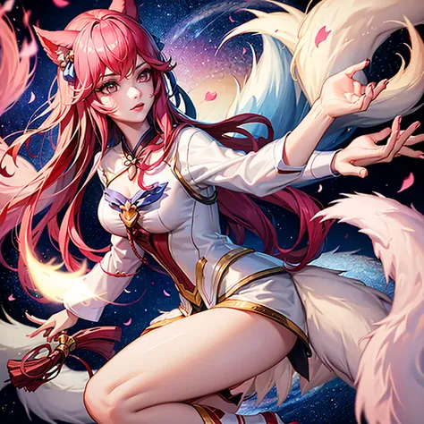 ahri, 9 massive white tails, detailed fluffy tails