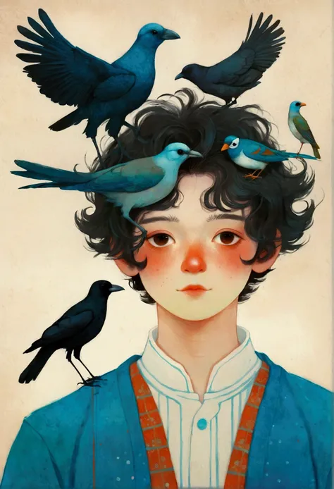 Drawing of a boy with a bird on his head, Beeple 和 Jeremiah Ketner, Edgar Maxence 和 Ross Tran, yuri shwedoff and tom bagshaw, Inspired by Maciej Kuciara, author：Gonzalo Endara Crow, Blue Head, sergey kolesov, Inspired by Tran Nguyen, Inspired by Marco Mazz...