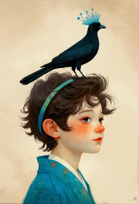 Drawing of a boy with a bird on his head, Beeple 和 Jeremiah Ketner, Edgar Maxence 和 Ross Tran, yuri shwedoff and tom bagshaw, Inspired by Maciej Kuciara, author：Gonzalo Endara Crow, Blue Head, sergey kolesov, Inspired by Tran Nguyen, Inspired by Marco Mazz...