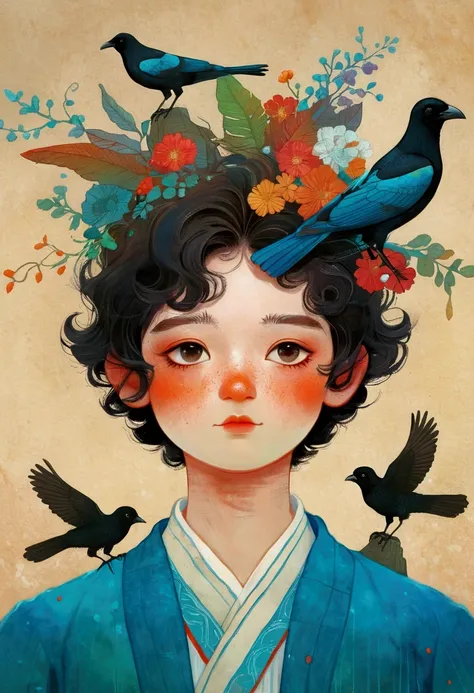 Drawing of a boy with a bird on his head, Beeple 和 Jeremiah Ketner, Edgar Maxence 和 Ross Tran, yuri shwedoff and tom bagshaw, Inspired by Maciej Kuciara, author：Gonzalo Endara Crow, Blue Head, sergey kolesov, Inspired by Tran Nguyen, Inspired by Marco Mazz...