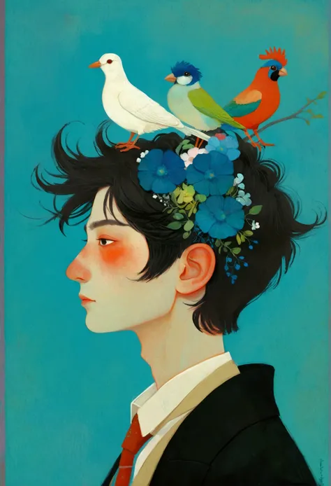 Drawing of a boy with a bird on his head, Surrealism inspired by Maciej Kuciara, tumblr, Pop surrealism, Beeple 和 Jeremiah Ketner, Edgar Maxence 和 Ross Tran, yuri shwedoff and tom bagshaw, Blue Head, sergey kolesov, shaun tan 和 peter mohrbacher, james jean...