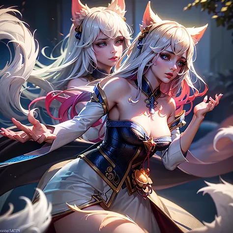 intricate detailed 9 massive white fluffy tails, beautiful detailed eyes, beautiful detailed lips, extremely detailed face, long eyelashes, 1 girl, fantasy, digital art, cinematic lighting, vivid colors, masterpiece, photo-realistic, hyper detail, 8K