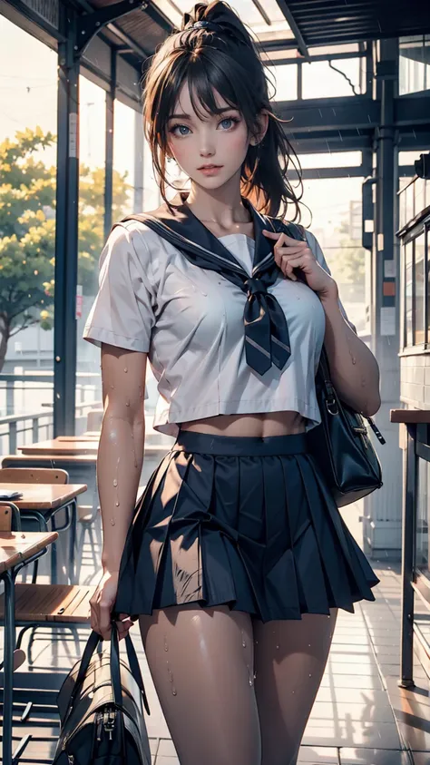 high school girl、Sheer sailor suit（summer服、Wet and transparent)、Navy Pleated Skirt、socks、loafers、ponytail、School bag、summer、Sudden sunset（rain)、Soaking wet、Her underwear is visible through her old clothes、びたバス停の待合室でrain宿り