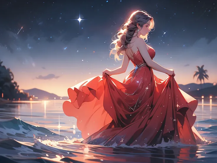 xcdd, 1girl, solo, dress, wading, star (symbol), long hair, skirt hold, water, red dress, bare shoulders, sky, night, glowing, blue eyes, standing, profile, bare arms, sparkle, strapless, braid, star (sky), strapless dress, from side, outdoors, night sky, ...