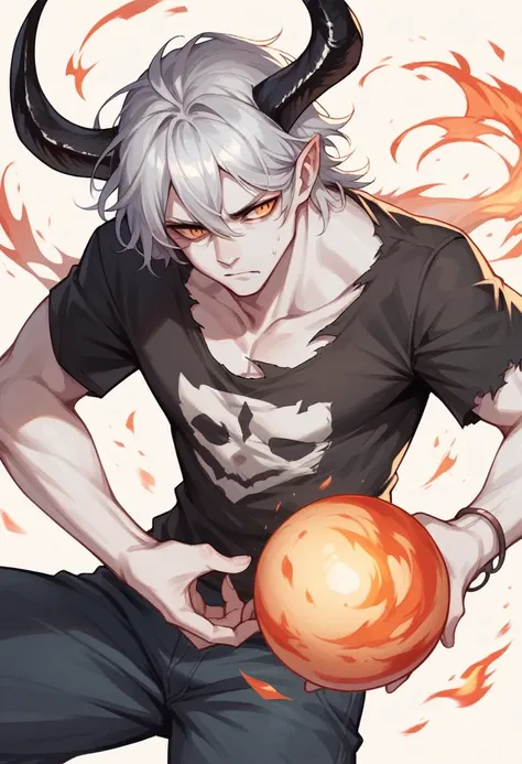 Humanoid creature, pale skin, long silver hair, long black horns ripped shirt,holding a fire ball