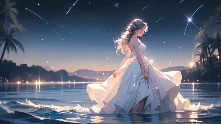 xcdd, 1girl, solo, dress, wading, star (symbol), long hair, skirt hold, water, white dress, bare shoulders, sky, night, glowing, blue eyes, standing, profile, bare arms, sparkle, strapless, braid, star (sky), strapless dress, from side, outdoors, night sky...