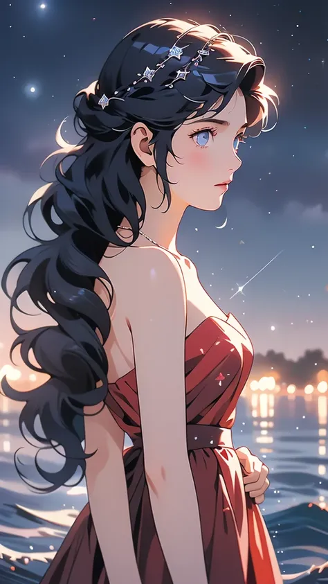 xcdd, 1girl, solo, dress, wading, star (symbol), long hair, skirt hold, water, red dress, bare shoulders, sky, night, glowing, blue eyes, standing, profile, bare arms, sparkle, strapless, braid, star (sky), strapless dress, from side, outdoors, night sky, ...