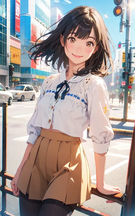 Front facing, facing this way、
A more beautiful smile、
More cute casual summer outfits、Cute mini skirt、
More beautiful thighore beautiful colorful pantyhose、
Beautiful dark clouds, (Cowboy Shot:1.4), Beautiful and realistic, 
Beautiful masterpiece, Beautif...