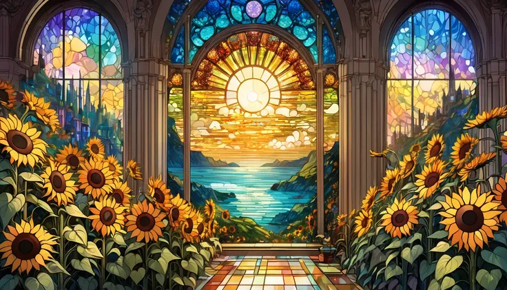 sea of flowers, aesthetic, Stained glass sunflowers, Dan Mumford, Cyril Rolando, MW Kaluta, Louis Comfort Tiffany, Dale Chihuly, hyper-detailed, hyperrealistic, digital landscape art, 8k resolution, beautiful colors, tarot card, awe, sunflowers made of sta...