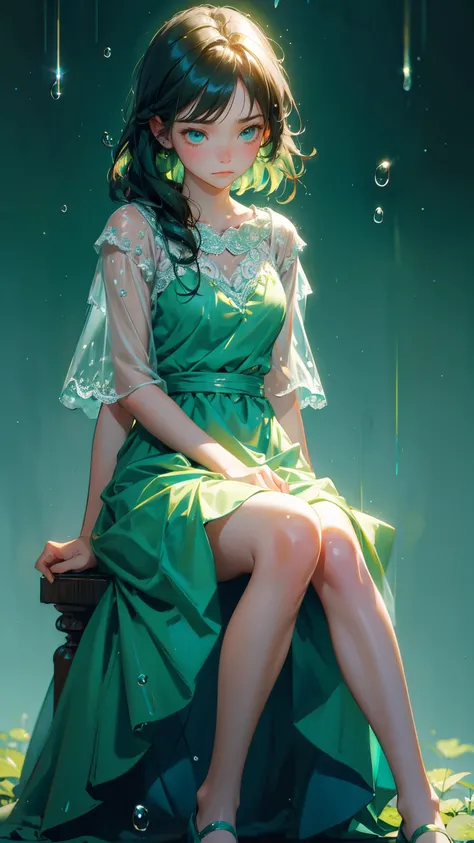 cute girl with sad emotions, sitting in the middle with raindrops, green dress  splash of raindrops around him blue background,