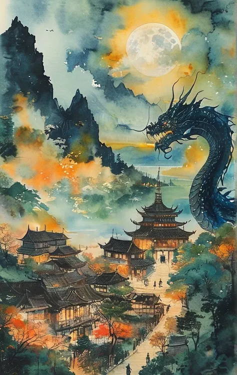 Generate watercolor illustrations of fantasy world . dog, cat, and dragon drawn with a soft touch like a picture book. I would like a background of the town at night.