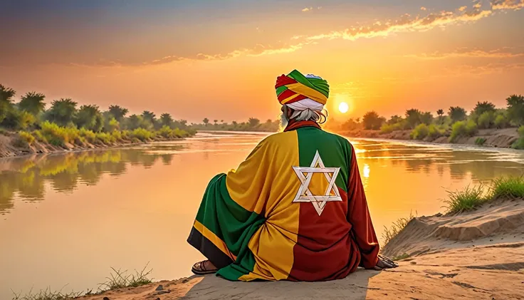 Shield of David,Indian,turbaned,back view of old man,Sitting on the banks of the Indus,He wears Rastafarian-style clothing.,sunset,dim