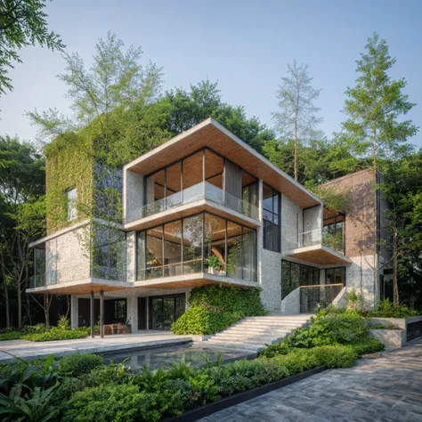 a modern villa situated in a garden, basking in daylight. surrounding the villa are lush tropical trees, green shrubs, and plant...