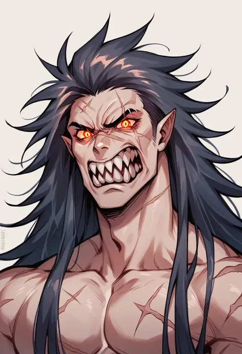 Humanoid creature, strong, sharp teeth, glowing eyes, scars around the body, angry face, very long hair