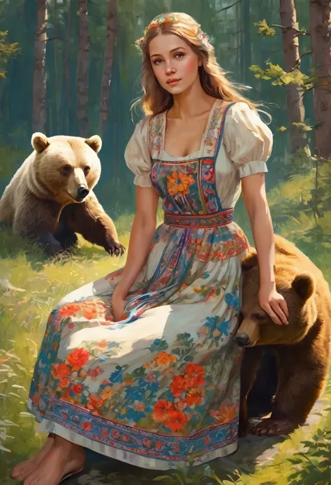 beautiful girl in a sundress sitting on a bear, Slavic!!!! Igor Grabar, Maxim Sukharev, , in the style of Stanislav Vovchuk, traditional Russia, Russian style, Slavic folk tale, based on Alexander Deineka, Sergei Vasnev, Mikhail Lebedev, pinup art