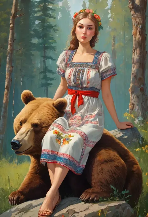 beautiful girl in a sundress sitting on a bear, Slavic!!!! Igor Grabar, Maxim Sukharev, , in the style of Stanislav Vovchuk, traditional Russia, Russian style, Slavic folk tale, based on Alexander Deineka, Sergei Vasnev, Mikhail Lebedev, pinup art