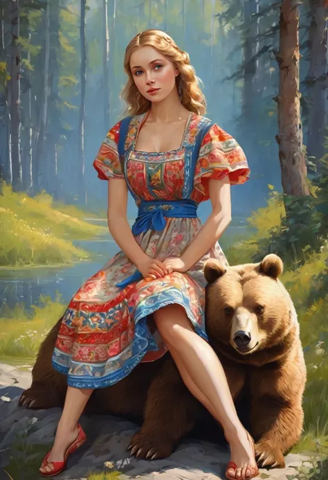 beautiful girl in a sundress sitting on a bear, Slavic!!!! Igor Grabar, Maxim Sukharev, , in the style of Stanislav Vovchuk, traditional Russia, Russian style, Slavic folk tale, based on Alexander Deineka, Sergei Vasnev, Mikhail Lebedev, pinup art