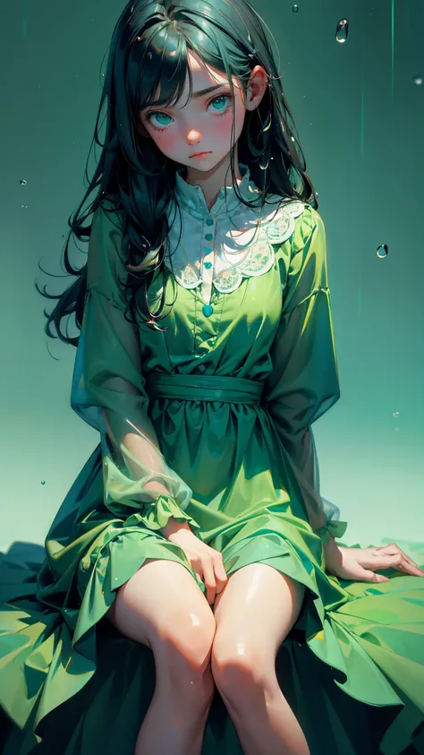 cute girl with sad emotions, sitting in the middle with raindrops, green dress splash of raindrops around him blue background,