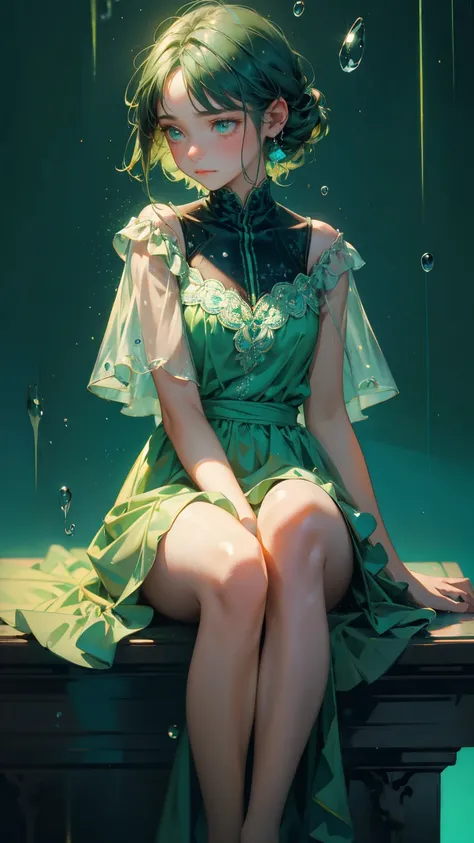 cute girl with sad emotions, sitting in the middle with raindrops, green dress splash of raindrops around him blue background,