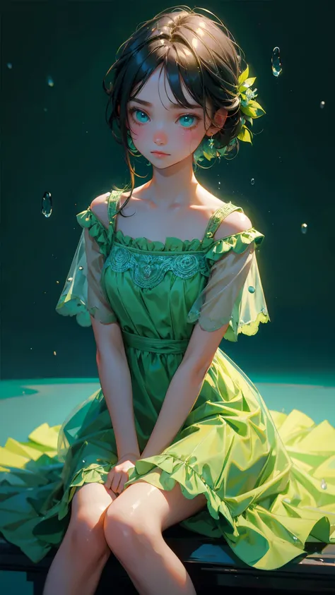 cute girl green dress with sad emotions, sitting in the middle with raindrops, raindrops around him, blue background, blue background