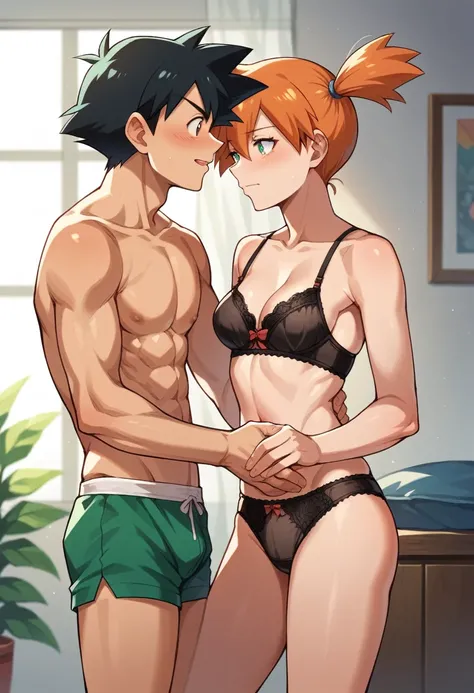 1boy, black hair, short hair, brown eyes, hair between eyes, ash ketchum, in underwear, taking off underwear, mens underwear, shirtless, in a room 1girl, orange hair, side ponytail, green eyes, misty pokemon, lingerie photograph of a 18 years old couple, t...