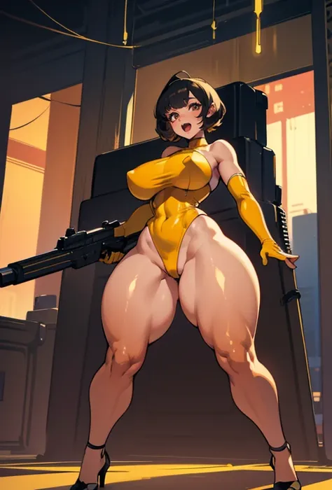 Young girl, Pullover, yellow high cut leotard, whole body to see, open mouth, smile , scream, short curly hair , (( very wide hips)), (((colossal Thighs, gigantic thighs, very huge thighs, very big thighs))), fullbody, platform heels, tanned , brown skin, ...