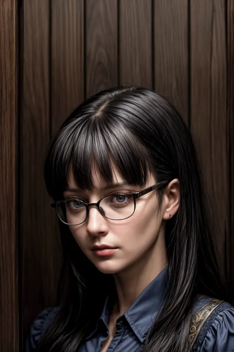 Arafed woman in a blue shirt and glasses standing straight with seriousness in front of a wooden wall, inspired by the style of Bernardino Mei. The portrait is reminiscent of the Renaissance era but with modern touches, as seen on Reddit. The photograph ha...