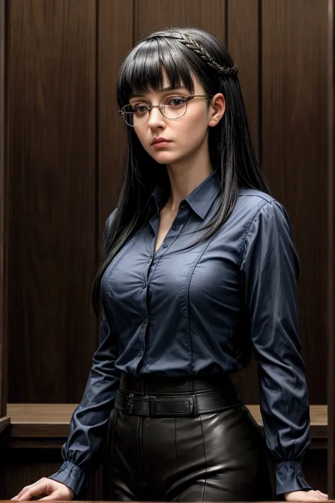 Arafed woman in a blue shirt and glasses standing straight with seriousness in front of a wooden wall, inspired by the style of Bernardino Mei. The portrait is reminiscent of the Renaissance era but with modern touches, as seen on Reddit. The photograph ha...