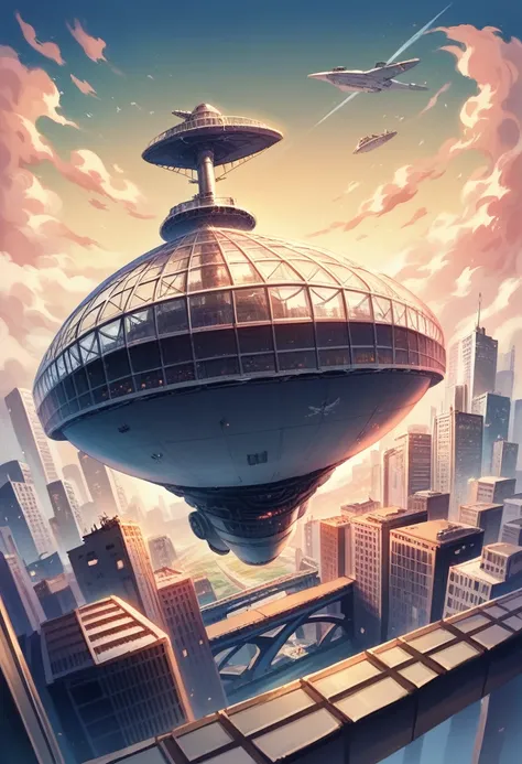 high resolution,sf,８０Era anime painting,Metropolis.night.きらめくnight景.bridge.new york in the future.Airship in the air.