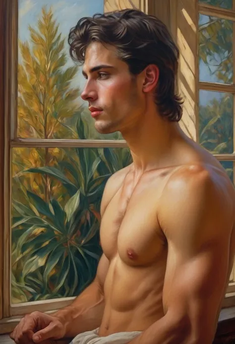 homoerotism illustration , symetric composition, oil painting in paul chabas and paul cadmus style, vivid colors, intricated details, A stunning ((standing young man crying by the window watching a car going on the pathway,)) in the living room with large ...