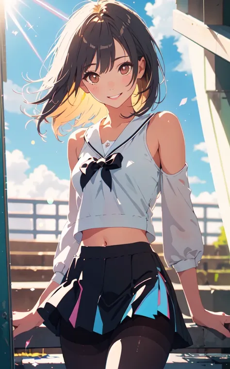 Front facing, facing this way、
A more beautiful smile、
More cute casual summer outfits、Cute mini skirt、
More beautiful thighore beautiful colorful pantyhose、
Beautiful dark clouds, (Cowboy Shot:1.4), Beautiful and realistic, 
Beautiful masterpiece, Beautif...