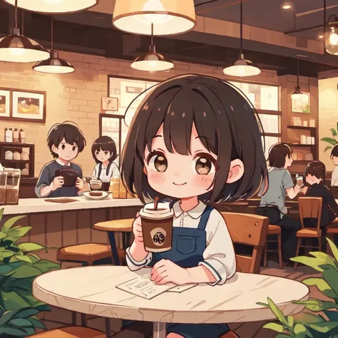 One girl, alone, Sitting, smile、Cafe、Black Hair、Brown eyes、Drinking coffee、short hair