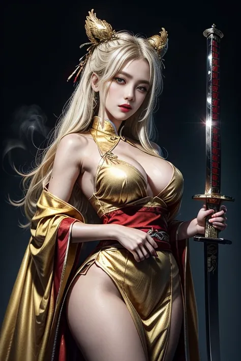 hourglass body shape, (cowboy_shot:1.4), Mature Female, tall, 5 7" tall, ((very long platinum  blonde hair)), hair is straight and arranged into a bun, a chinese phoenix hairpin is attached to her hair, ((golden glowing eyes)), perfect skin, beautiful smil...