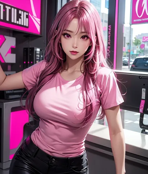 Woman with long hair straight, (magenta-pink hair color), high detailed, realistic, ultra realistic, ((Magenta-pink shirt)), black skinny long pant,