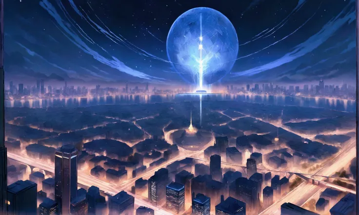 high resolution,sf,８０Era anime painting,A reborn metropolis.Night Sky.Sparkling night view.bridge.new york in the future.Airship in the air.Skyscraper district.Tower