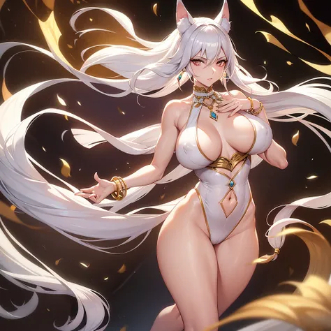 best quality, kitsune woman, beautiful woman, tall and slender, graceful physique, golden white skin, very long flowing white hair, silver hair highlights, fox ears with earrings, hair ornament, beautiful face, gorgeous face, slender face, elegant facial f...