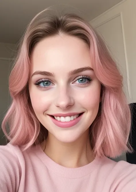 a selfie of a pretty young woman, taken with iphone camera, vibrant smile on her face, soft pink lips