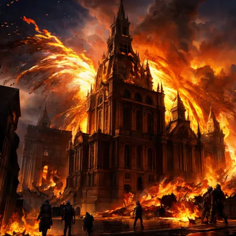 a beautiful building，suddenly exploded，Raging fire，movie time effects，best picture