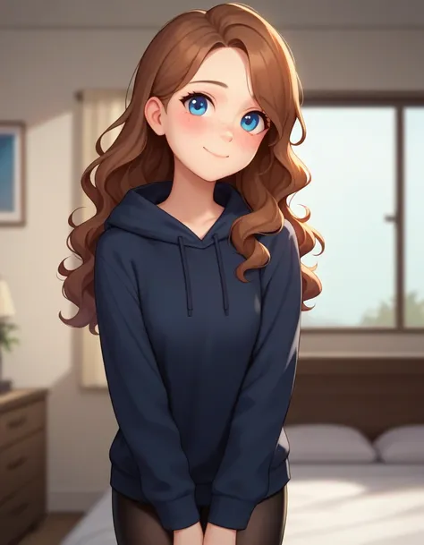 score_9, score_8_up, score_7_up, score_6_up, score_5_up, score_4_up, solo, standing, female, human, (slim:1.2), smile, shy, face freckles, blush, (mouth closed:1.2), black hoodie, black leggings, blue eyes, brown hair, long hair, wavy hair, (looking at vie...