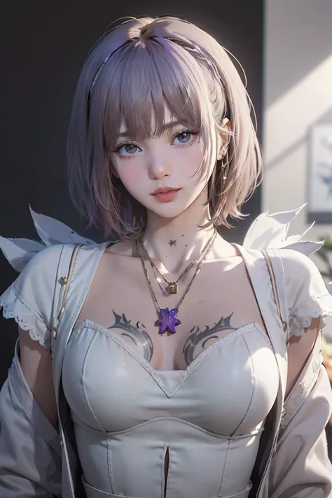 Close-up of a woman with tattoos on her chest, girl, Short white hair with bangs, Black strands of hair, Purple eyes, White T-shirt and white cape, Pendant around the neck. 超High resolution.Photorealistic. 超High resolution.Photorealistic:1.4,超High resoluti...