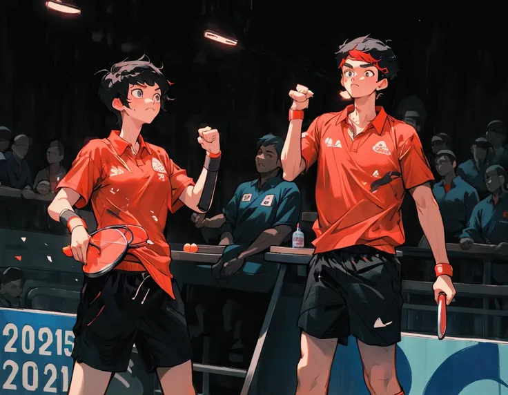 Cute short hair girl and boy，Left female right male，18 years old，Delicate face，Wearing red T-shirt sportswear，Black sports shorts，Hand holding table tennis racket,Olympic Games Photos，China，Waving and clenching fist，celebrate