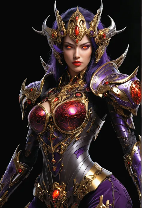 Hyper-realistic crazy mech, extremely beautiful full body Dark Assassin, goddess face girl, red lips like velvet, two red eyes like burning fire but charming, intricate design, sharp edges, large purple-gold flame weapon, Mega gold-platinum armor reflects ...