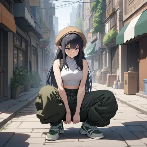 1girl, elven girl, elf, elven, solo, city street, squating, masterpiece, best quality, highly detailed, ((black cargo pants, baggy pants, sneakers, crop top, white crop top, black puffy jacket, sleeveless jacket)), straight long hair, black hair, ((front v...