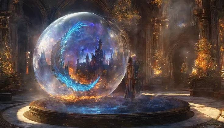 Young woman, stands inside a magic sphere, Young woman волшебник колдует волшебную сферу из стекла для защиты от огня, hemispherical dome, There is a flame around, the dragon breathes fire on the girl, the magic sphere does not allow fire to enter, magic r...