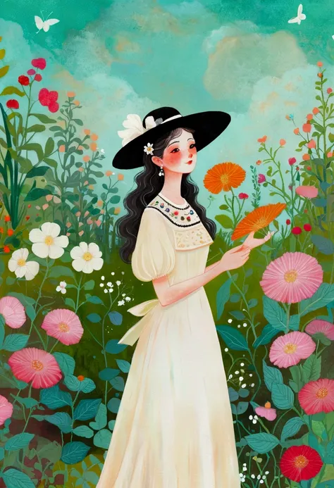 painting of a woman in a white dress and black hat standing in the garden, She is the center of the garden, Jane Newland, inspired by Camille Souter (Camille Souter), in the garden, Drawn in a whimsical style, author：Fiona Rae, in the garden, dreamy painti...