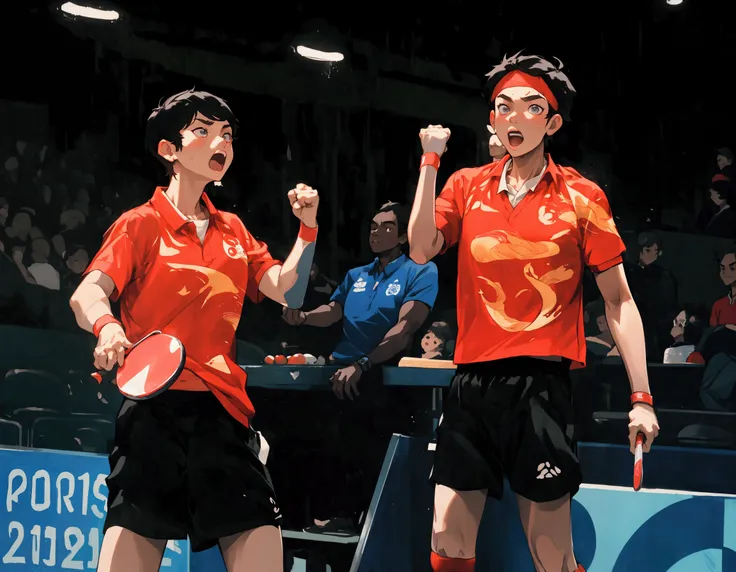 Cute short hair girl and boy，Left female right male，18 years old，Delicate face，Wearing red T-shirt sportswear，Black sports shorts，Hand holding table tennis racket,Olympic Games Photos，China，Waving and clenching fist，celebrate