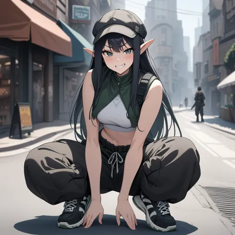 1girl, elven girl, elf, elven, solo, city street, squating, masterpiece, best quality, highly detailed, ((black cargo pants, baggy pants, sneakers, crop top, white crop top, black puffy jacket, sleeveless jacket)), straight long hair, black hair, ((front v...